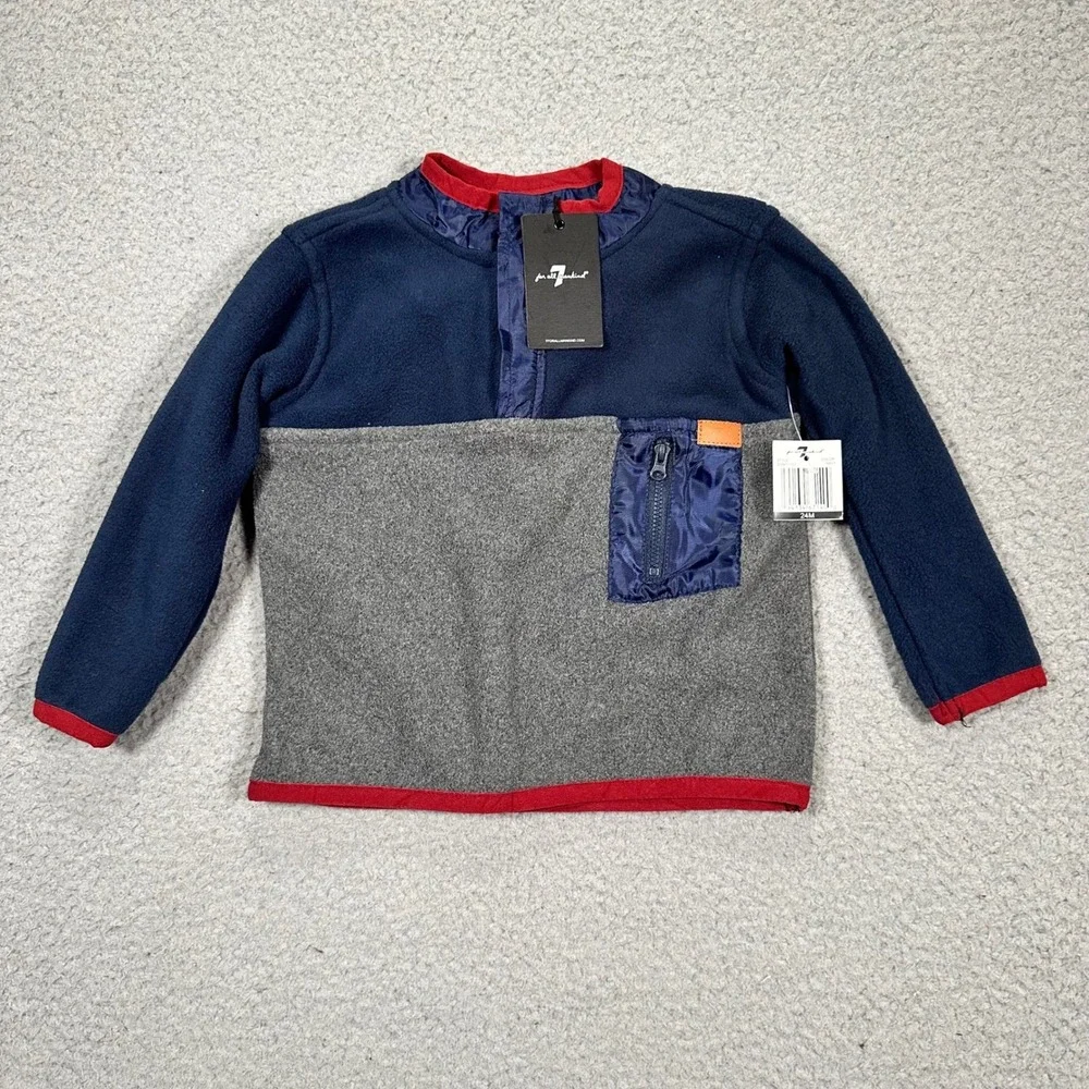 7 For All Mankind Kids Fleece Pullover 24M Navy Gray Red NWT Layer Soft Snaps